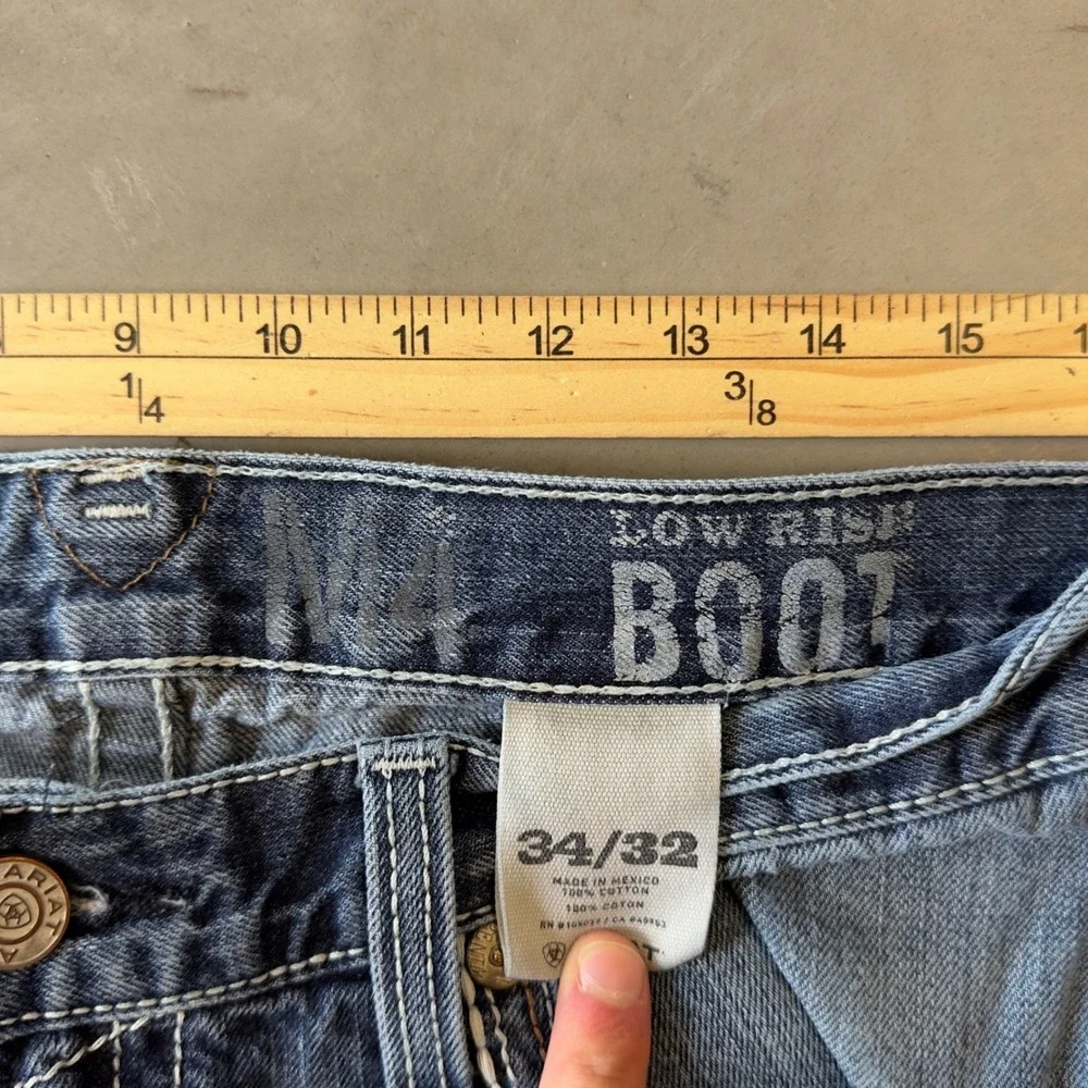 Ariat M4 Low Rise Boot Cut Jeans Mens 34x32 Distressed Blue Denim Workwear